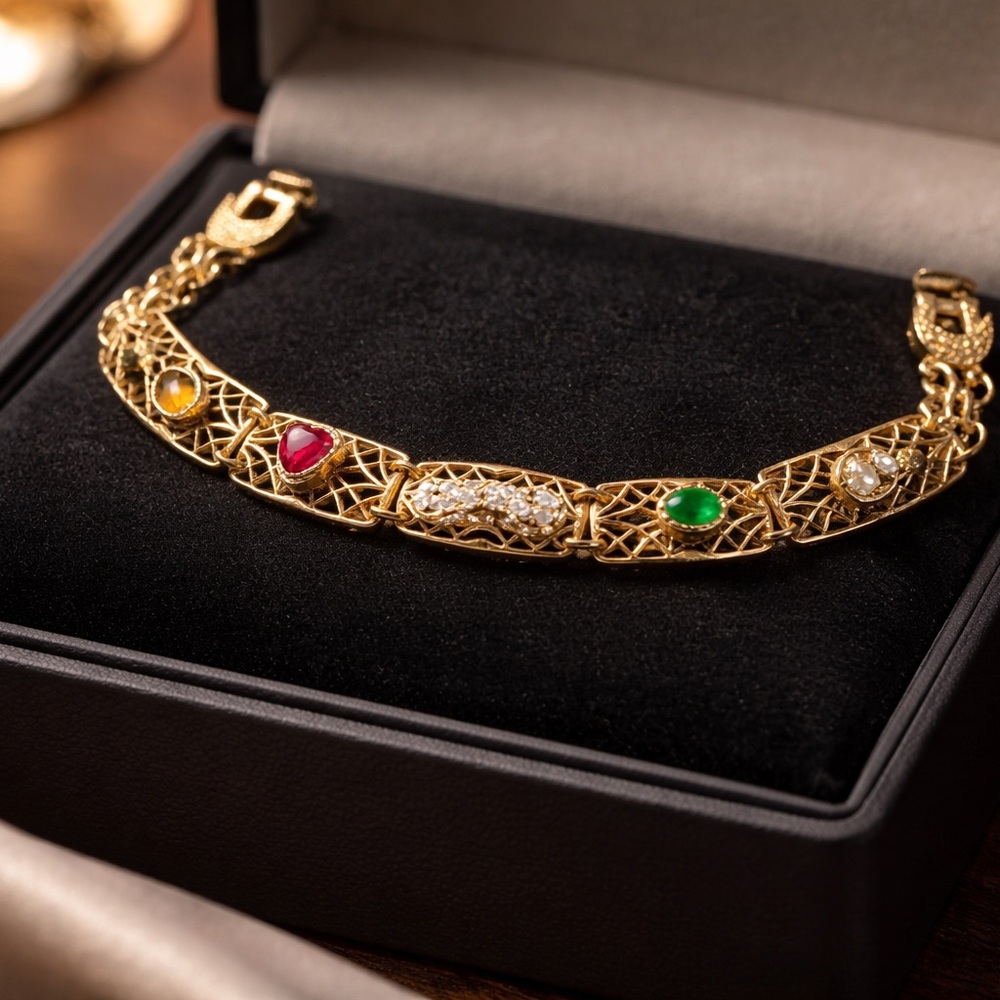 Goldette Bracelet with Red, Green, and Yellow Gemstones
